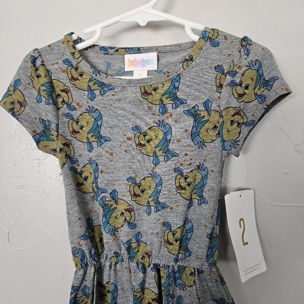 Lularoe NWT Toddler Girl 2 Grey Short Sleeve Dress Flounder Little Mermaid Fish